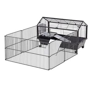 pawhut 2-level rolling small animal playpen & cage, foldable small rabbit fence, guinea pig house, hedgehog cage, water bottle, water bowl, pet exercise pen, 35" l