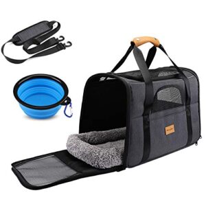 cat carrier dog carrier, pet travel carrier airline approved for small dogs puppies cats of 15lbs, portable pet transport bag with adjustable shoulder strap + removable soft cushion + foldable bowl