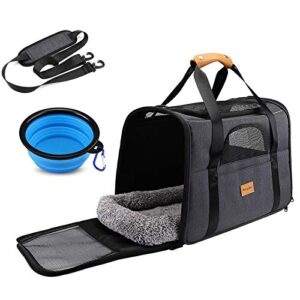 Cat Carrier Dog Carrier, Pet Travel Carrier Airline Approved for Small Dogs Puppies Cats of 15lbs, Portable Pet Transport Bag with Adjustable Shoulder Strap + Removable Soft Cushion + Foldable Bowl