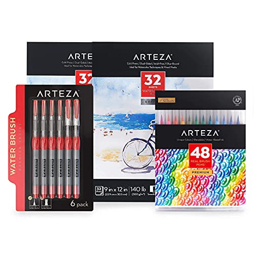 ARTEZA Real Brush Creative Bundle includes: Real Brush Pens, Watercolor Pads and Water Brush Pens, Drawing Art Supplies for Artist, Hobby Painters & Beginners