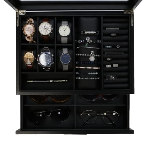 Decorebay Executive Unisex Black Wood Valet sunglasses and Jewelry Box Storage (SuperStar 2)