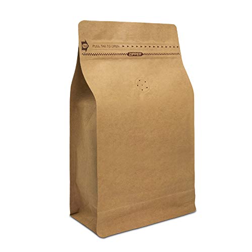 Natural Kraft Coffee Pouches, Resealable Coffee Bag with valve, Flat Bottom Pull Tab Zipper (100pcs / 16oz, 1lb, 454gram)