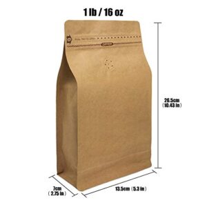 Natural Kraft Coffee Pouches, Resealable Coffee Bag with valve, Flat Bottom Pull Tab Zipper (100pcs / 16oz, 1lb, 454gram)