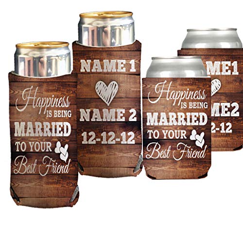 VictoryStore SLIM Can Coolers: “Happiness is being Married To Your Best Friend” Wedding Skinny Can Coolers (100, Half Slim, Half Standard Size)