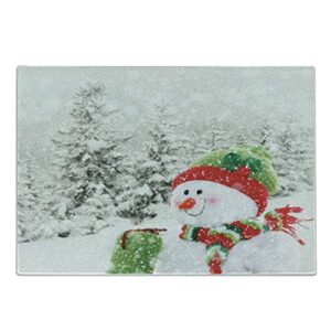 ambesonne christmas cutting board, snowman in a snowy woodland holiday themed arrangement winter season print, decorative tempered glass cutting and serving board, small size, white and red