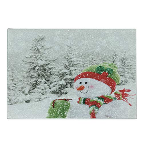 Ambesonne Christmas Cutting Board, Snowman in a Snowy Woodland Holiday Themed Arrangement Winter Season Print, Decorative Tempered Glass Cutting and Serving Board, Small Size, White and Red