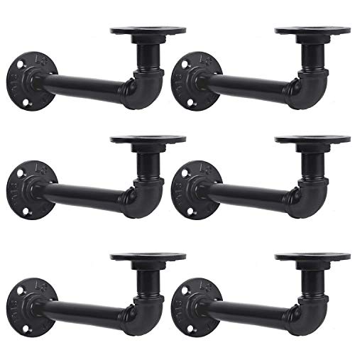 Pipe Shelf Brackets Set of 6(19x9cm) Iron Pipe Brackets Industrial Pipe Shelving Brackets for Custom Floating Shelves DIY Rustic Shelf Brackets Black Hardware Included