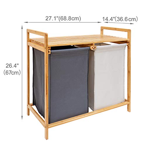 COMELLOW Bamboo Laundry Hamper and Shelf, 2 Sections Laundry Basket with Removable Liner, Dual Compartments Laundry Organizer and Storage, Wooden Laundry Sorter with Sliding Handles