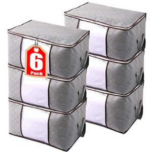 jeria 6-pack extra large capacity storage bins with clear window, closet organizer and clothes storage bags, reinforced handle and sturdy zipper (grey)