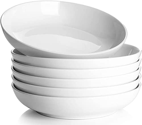 DOWAN Pasta Bowls 32oz, Large Salad Bowls, White Pasta Bowl Set of 6, Porcelain Fruit Bowl Plates, 8.5 inch Wide Shallow Plates, for Bread Meal Prep Bowls