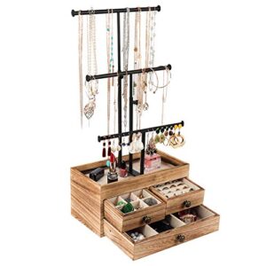 x-cosrack jewelry tree stand organizer 3 tier metal jewelry holder stand with wood basic storage box, adjustable height holder display for necklaces earrings bracelets and rings, carbonized black