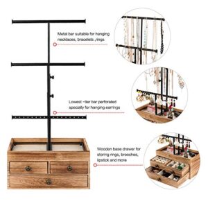 X-cosrack Jewelry Tree Stand Organizer 3 Tier Metal Jewelry Holder Stand with Wood Basic Storage Box, Adjustable Height Holder Display for Necklaces Earrings Bracelets and Rings, Carbonized Black