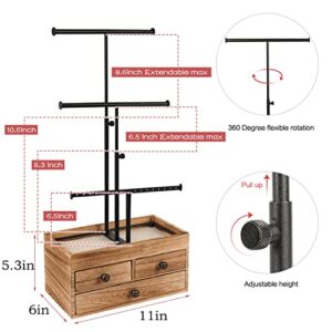 X-cosrack Jewelry Tree Stand Organizer 3 Tier Metal Jewelry Holder Stand with Wood Basic Storage Box, Adjustable Height Holder Display for Necklaces Earrings Bracelets and Rings, Carbonized Black