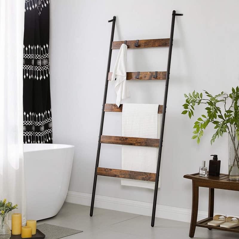 VASAGLE Blanket Ladder, 5-Tier Ladder Shelf, Wall-Leaning Rack, Steel, 25.6 Inch Wide, Scarves, Industrial Style, Rustic Brown and Black ULLS011B01