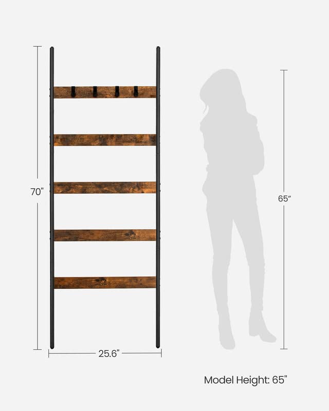 VASAGLE Blanket Ladder, 5-Tier Ladder Shelf, Wall-Leaning Rack, Steel, 25.6 Inch Wide, Scarves, Industrial Style, Rustic Brown and Black ULLS011B01