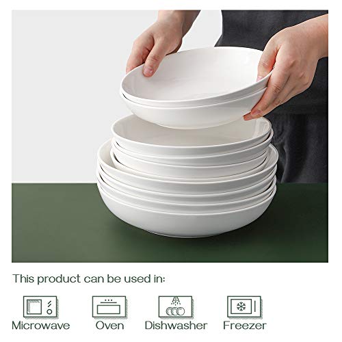 DOWAN 9.75" Large Pasta Bowls, Ceramic Salad Bowls 50 Ounce, Shallow Pasta Bowls Set of 4, Serving Bowls and Plates Set, Microwave and Dishwasher Safe, White