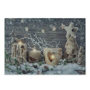 ambesonne christmas cutting board, candle winter holiday themed arrangement with snow and fir tree leaves print, decorative tempered glass cutting and serving board, small size, khaki and grey