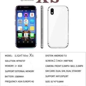 iLight Mini Smartphone XS, World's Smallest 10+ Android Phone 4G LTE, Super Small 2.5" Touch Screen. Global Unlocked - Great for Kids. Pocket Phone Gift. 1GB RAM / 8GB ROM. Tiny iPhone 10s Look Alike