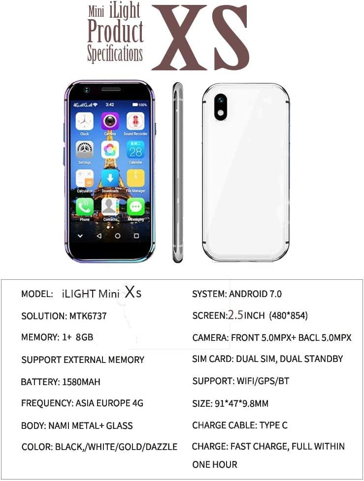 iLight Mini Smartphone XS, World's Smallest 10+ Android Phone 4G LTE, Super Small 2.5" Touch Screen. Global Unlocked - Great for Kids. Pocket Phone Gift. 1GB RAM / 8GB ROM. Tiny iPhone 10s Look Alike