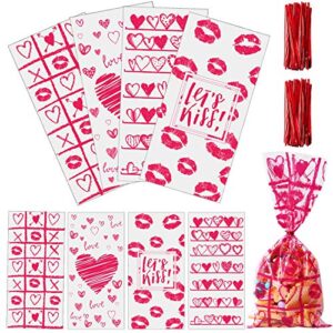 aneco 100 pack valentine's cellophane bags 4 styles valentine candy cookie bags plastic valentine's gift bags cellophane bags with twist ties for valentine's party favor supplies