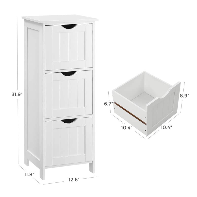 VASAGLE Bathroom Cabinet Floor Cabinet, Free-Standing Storage Cabinet with 3 Drawers, 11.8 x 12.6 x 31.9 Inches, for Bathroom, Living Room, Kitchen, Nordic Scandinavian Style, Matte White UBBC50WT