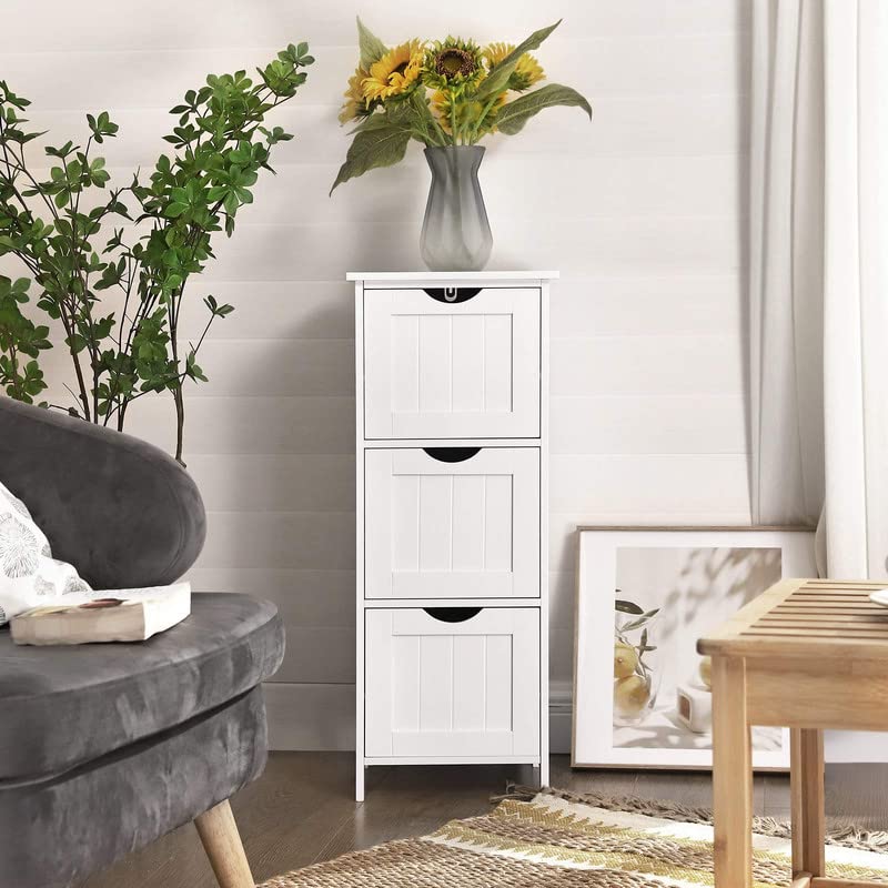 VASAGLE Bathroom Cabinet Floor Cabinet, Free-Standing Storage Cabinet with 3 Drawers, 11.8 x 12.6 x 31.9 Inches, for Bathroom, Living Room, Kitchen, Nordic Scandinavian Style, Matte White UBBC50WT