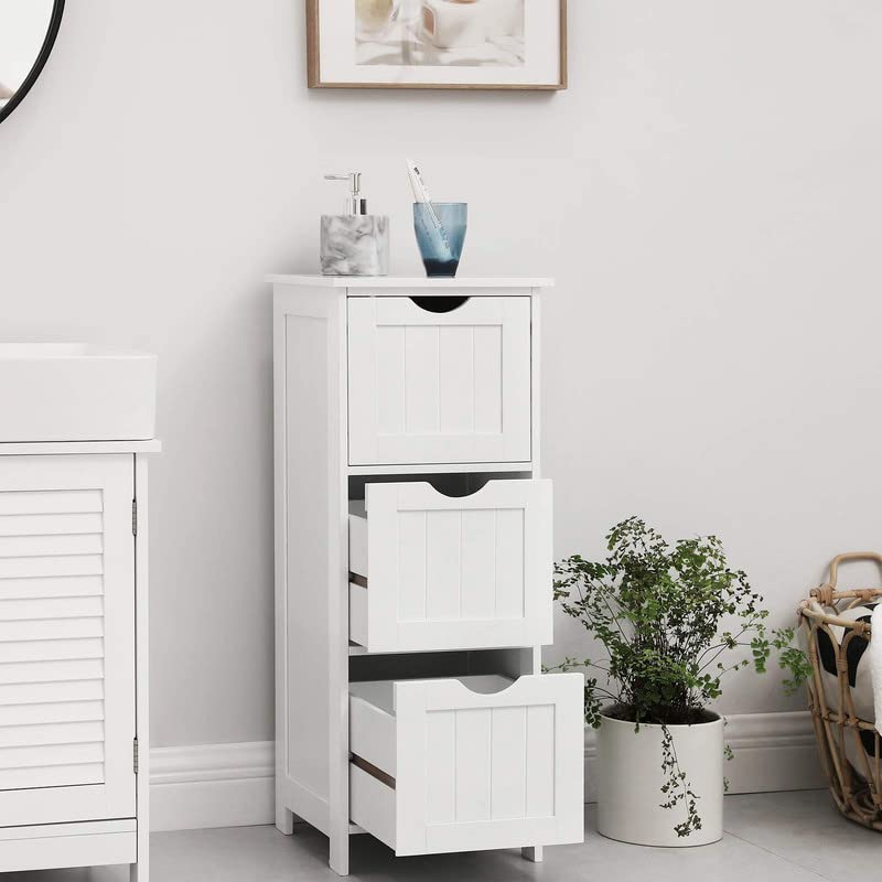 VASAGLE Bathroom Cabinet Floor Cabinet, Free-Standing Storage Cabinet with 3 Drawers, 11.8 x 12.6 x 31.9 Inches, for Bathroom, Living Room, Kitchen, Nordic Scandinavian Style, Matte White UBBC50WT