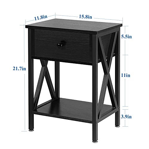VECELO Versatile Nightstands X-Design Side End Table Night Stand Storage Shelf with Bin Drawer for Living Room Bedroom,Black