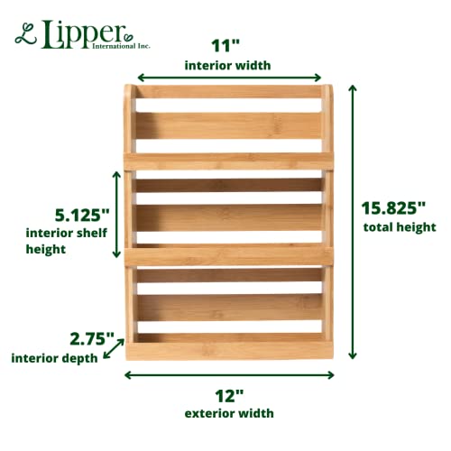 Lipper International Bamboo Wood 3-Tier Spice Rack 8840 - Space Saving 12" x 2.3" Vertical Storage for Spices or Craft Supplies - Attached Ring Hangers, Easy Hand Wash Maintenance