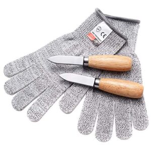 domg oyster knife shucker set, wood handle oyster shucking knife and cut-resistant gloves, clam shellfish seafood opener kit tools(2 knives+1 pair gloves l)