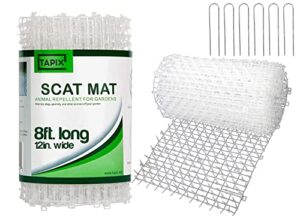 tapix cat scat mat clear (8 ft.) with 6 staples, anti-cat network with spikes digging stopper - cat deterrent mat for indoor and outdoor