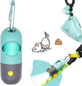 yuchiya dog poop bag dispenser with flashlight|dog poop bag holder with leash clip|hands-free leash poop bag holder with straps and 1 roll dog waste bags (crystal blue)