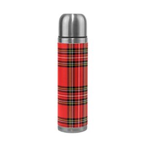 christmas new year tartan plaid vacuum thermos insulated water bottle stainless steel double wall flask bottles sports coffee travel mug cup genuine leather cover bpa free 17 oz