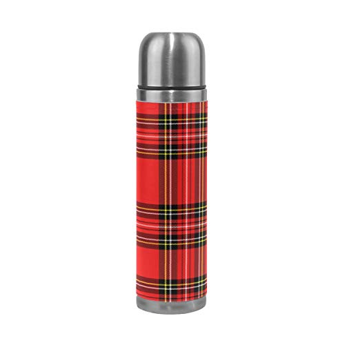 Christmas New Year Tartan Plaid Vacuum Thermos Insulated Water Bottle Stainless Steel Double Wall Flask Bottles Sports Coffee Travel Mug Cup Genuine Leather Cover BPA Free 17 Oz