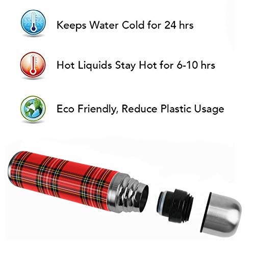 Christmas New Year Tartan Plaid Vacuum Thermos Insulated Water Bottle Stainless Steel Double Wall Flask Bottles Sports Coffee Travel Mug Cup Genuine Leather Cover BPA Free 17 Oz