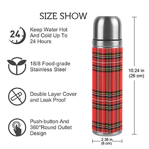 Christmas New Year Tartan Plaid Vacuum Thermos Insulated Water Bottle Stainless Steel Double Wall Flask Bottles Sports Coffee Travel Mug Cup Genuine Leather Cover BPA Free 17 Oz