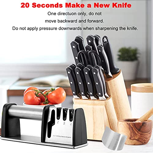 Knife Sharpeners, Best 4 in 1 Manual Kitchen Knives & Scissor Sharpeners, 4 - Stage Knife Sharpening System with Diamond Steel, Ceramic Stone, Ergonomic Design, Non-slip Base（Black）