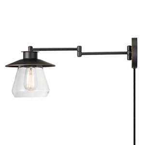 globe electric 51543 nate 1-light plug-in or hardwire swing arm wall sconce, oil rubbed bronze, clear glass shade, 6ft black fabric covered cord, inline on/off rocker switch