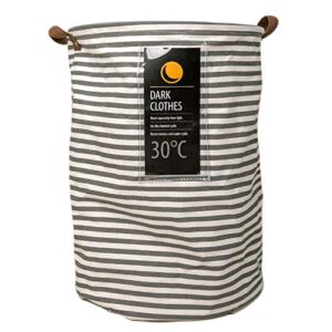 deke home collapsible laundry basket hamper. round striped canvas waterproof large storage bin baskets. storage washing clothes and toys with handles and drawnstring 13.3"x 18.5"