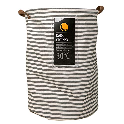 Deke Home Collapsible Laundry Basket Hamper. Round Striped Canvas Waterproof Large Storage bin Baskets. Storage Washing Clothes and Toys with Handles and drawnstring 13.3"x 18.5"