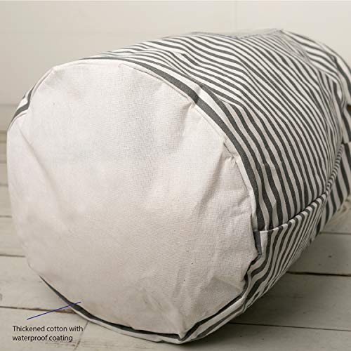 Deke Home Collapsible Laundry Basket Hamper. Round Striped Canvas Waterproof Large Storage bin Baskets. Storage Washing Clothes and Toys with Handles and drawnstring 13.3"x 18.5"