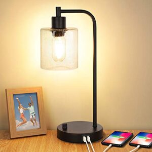 maxvolador industrial table lamp with 2 usb ports,fully stepless dimmable vintage nightstand desk lamp, seeded glass shade bedside reading lamp for bedroom,6w 2700k led bulb included