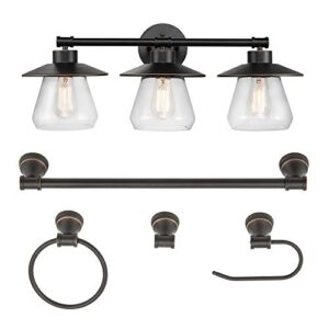 globe electric 51496 nate 5-piece all-in-one bathroom set, oil rubbed bronze, 3 vanity light with clear glass shades, bar, towel ring, robe hook, toilet paper holder