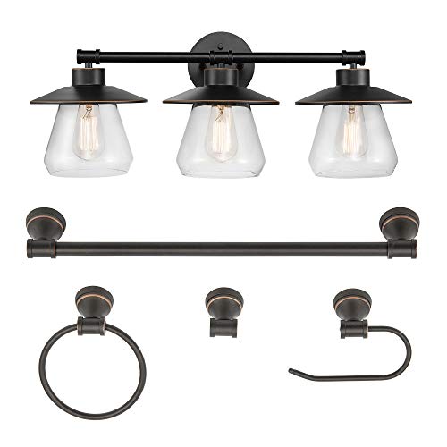 Globe Electric 51496 Nate 5-Piece All-in-One Bathroom Set, Oil Rubbed Bronze, 3 Vanity Light with Clear Glass Shades, Bar, Towel Ring, Robe Hook, Toilet Paper Holder