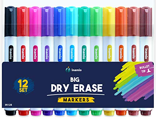 inamio Dry Erase Markers, Bullet Tip – Colored Whiteboard Markers for Fridge, School or Office - Low Odor, 12 Set Assorted Colors