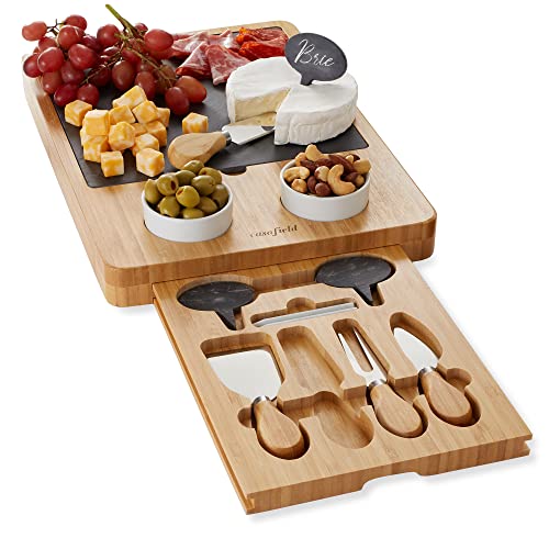 Casafield Organic Bamboo Cheese Board Gift Set - Wooden Charcuterie Platter Serving Tray for Meat, Fruit and Crackers - Slate Board, 2 Ceramic Bowls, 4 Stainless Steel Knives, Slate Labels and Chalk