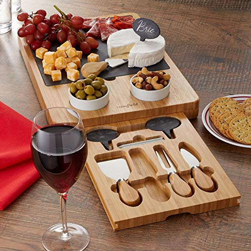 Casafield Organic Bamboo Cheese Board Gift Set - Wooden Charcuterie Platter Serving Tray for Meat, Fruit and Crackers - Slate Board, 2 Ceramic Bowls, 4 Stainless Steel Knives, Slate Labels and Chalk