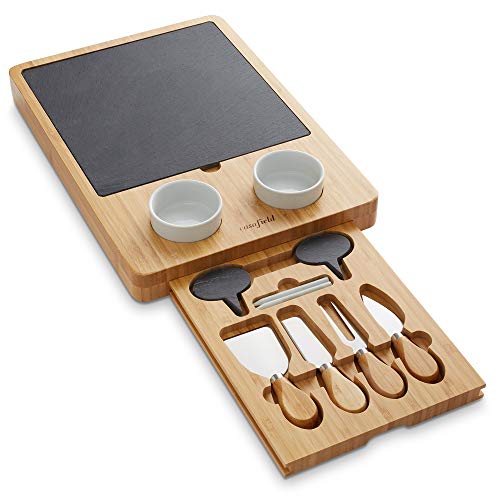 Casafield Organic Bamboo Cheese Board Gift Set - Wooden Charcuterie Platter Serving Tray for Meat, Fruit and Crackers - Slate Board, 2 Ceramic Bowls, 4 Stainless Steel Knives, Slate Labels and Chalk