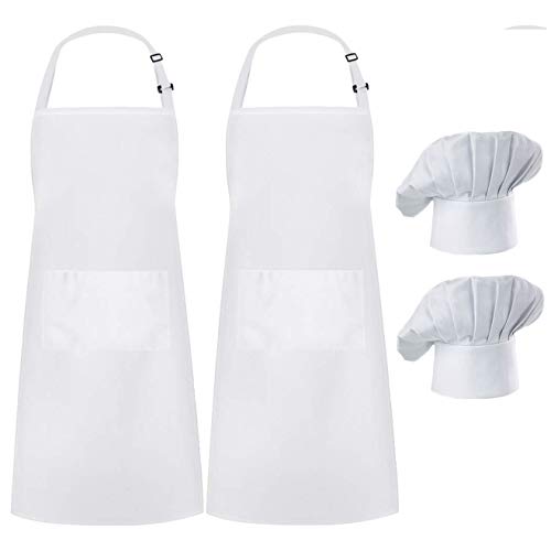 Hyzrz 2 Pack Chef Apron Hat Set, Adjustable Bib Cooking Aprons Water Drop Resistant Baker Kitchen Cooking for Women Men Father's Gift(White)