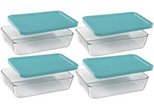 pyrex basics clear glass food storage dishes, 4 (3-cup) oblong dishes with turquoise plastic lids made in the usa